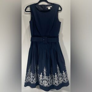 Nygard Collection Navy Blue Sleeveless Fit & Flare Dress Embroidered Hem Size 6